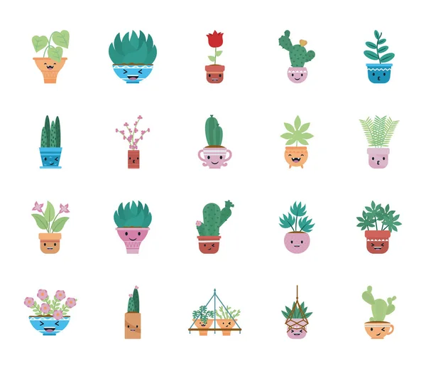 Kawaii plants inside pots flat style icon vector design — Stock Vector