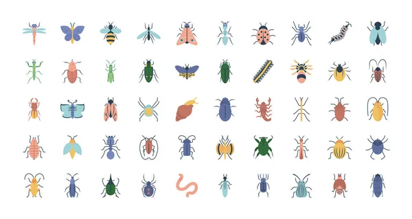 Schmetterlinge und Insekten Icon Set, flacher Stil — Stockvektor