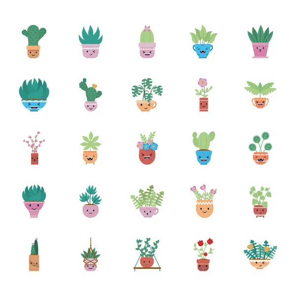 Kawaii planten in potten platte stijl icoon vector ontwerp — Stockvector