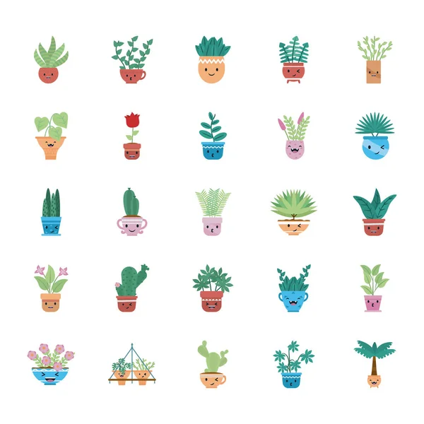 Plantas Kawaii dentro de vasos design de vetor ícone de estilo plano —  Vetores de Stock