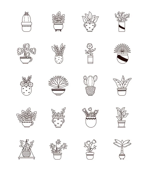 Plantas dentro de vasos linha estilo ícone vetor design — Vetor de Stock