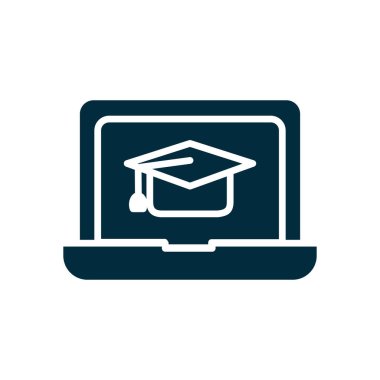Çevrimiçi eğitim kavramı, ekranda mezuniyet simgesi olan dizüstü bilgisayar, siluet tarzı
