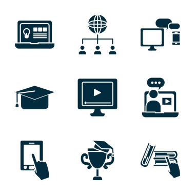 bilgisayarlar ve çevrimiçi eğitim simgesi seti, siluet biçimi
