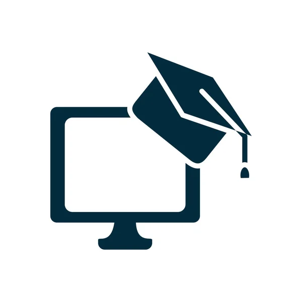 Online onderwijs concept, computer met graduatie cap icoon, silhouet stijl — Stockvector