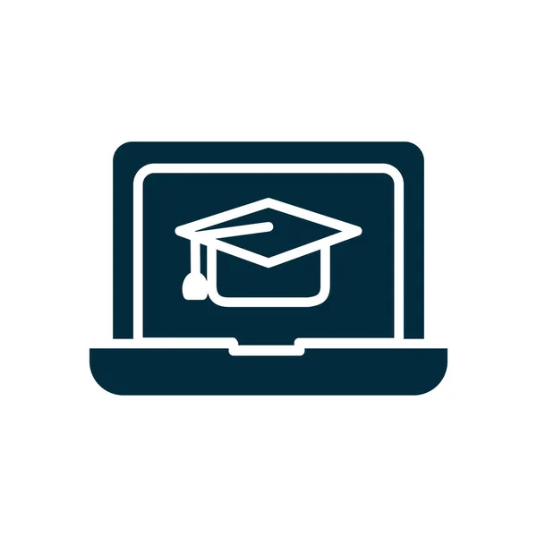 Concepto de educación en línea, ordenador portátil con el icono de la tapa de graduación en la pantalla, estilo de silueta — Archivo Imágenes Vectoriales