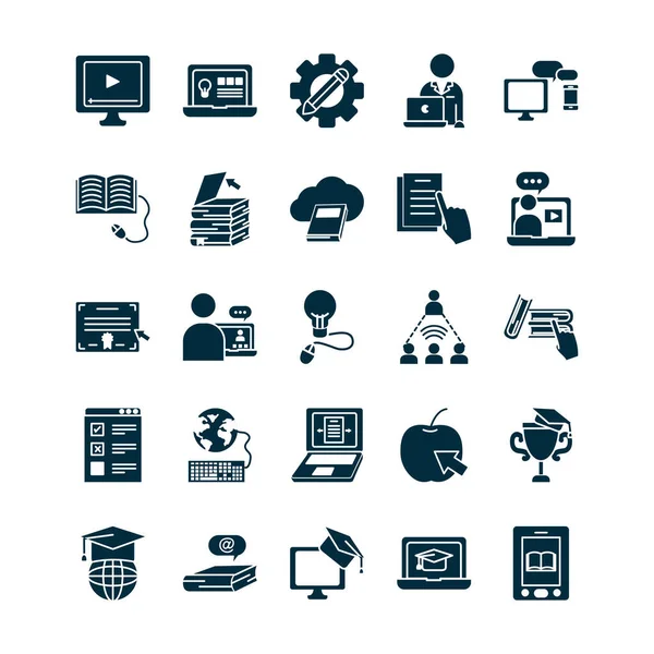 Technologie-apparaten en online onderwijs pictogram set, silhouet stijl — Stockvector