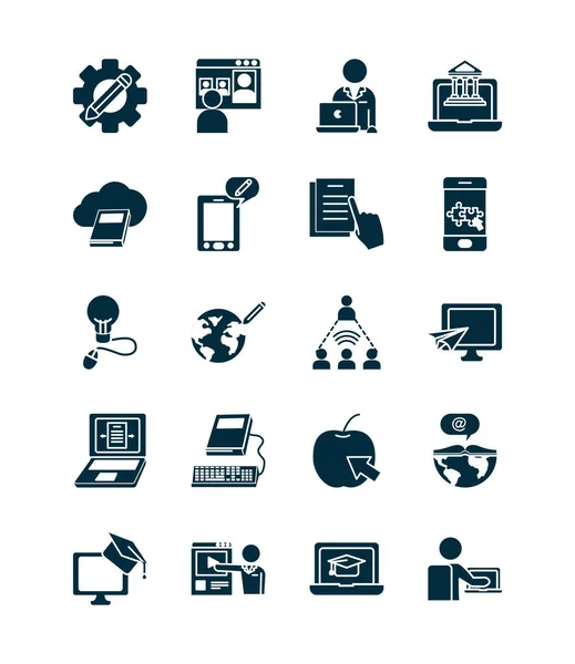 Teléfonos inteligentes y conjunto de iconos de educación en línea, estilo silueta — Archivo Imágenes Vectoriales