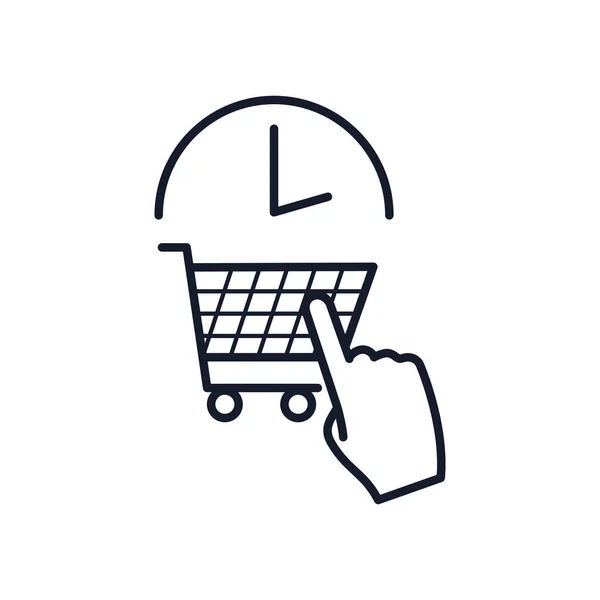 Vásárlás online koncepció, bevásárlókosár, kézfogás és óra ikon, vonalstílus — Stock Vector