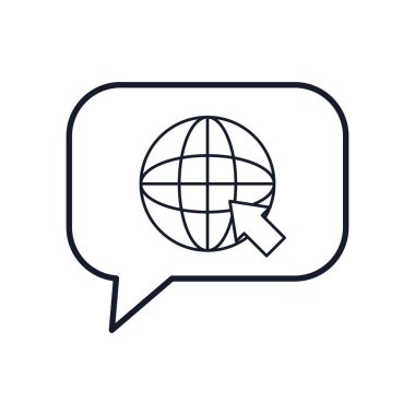 Alışveriş çevrimiçi konsepti, küresel küreyle konuşma balonu ve web imleç simgesi, satır biçimi