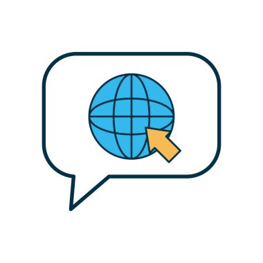 Alışveriş çevrimiçi konsepti, küresel küreyle konuşma balonu ve web imleç simgesi, dolgu ve satır biçimi