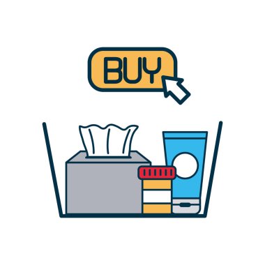 Alışveriş çevrimiçi konsepti, ilaç hapları ve higyene ürünleri septi ve satın alma düğmesi simgesi, satır ve doldurma biçimi