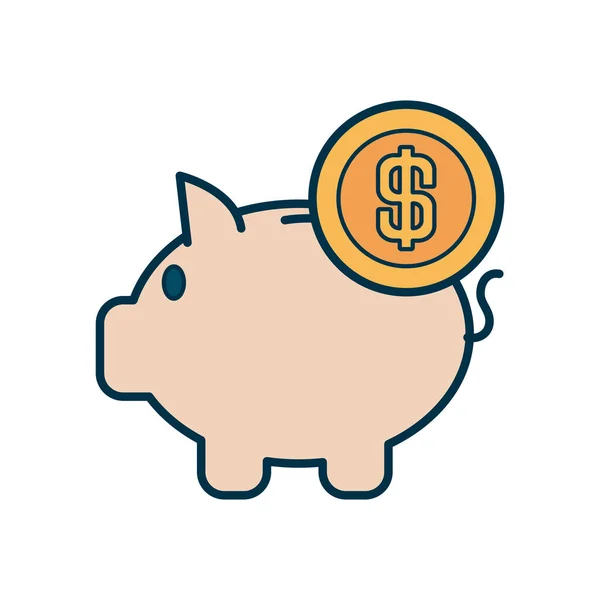 Banco porquinho com ícone de moeda de dinheiro, preenchimento e estilo de linha — Vetor de Stock