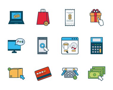 bilgisayarlar ve alışveriş çevrimiçi simgesi seti, doldur ve satır biçimi