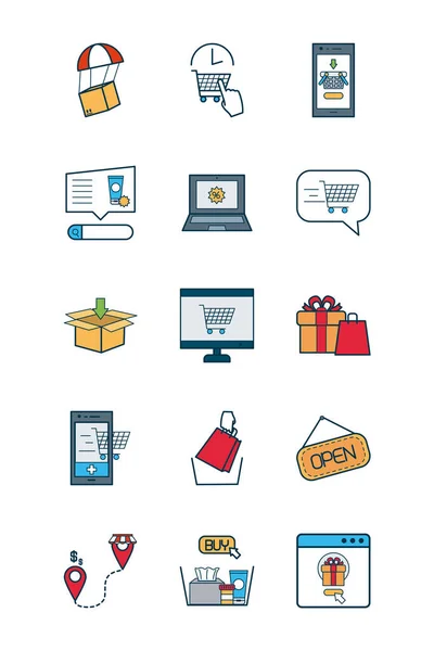 Smartphones und Online-Shopping-Icon-Set, Zeilen- und Füllstil — Stockvektor
