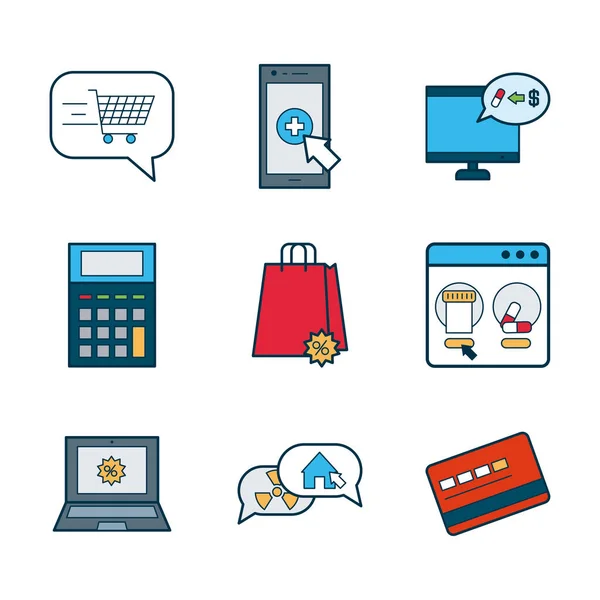 Technologie-Geräte und Online-Shopping-Icon-Set, Linie und Füllstil — Stockvektor