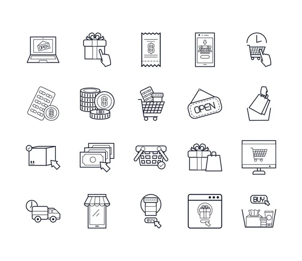 Caja de regalo y compras en línea icono conjunto, estilo de línea — Vector de stock