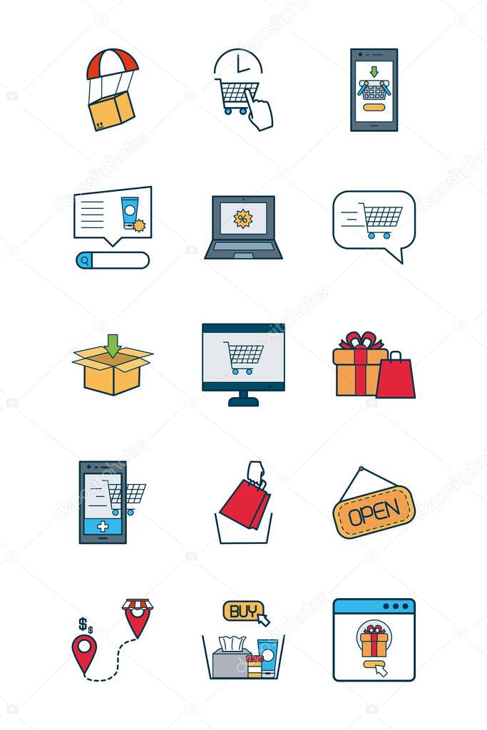 smartphones and shopping online icon set, line and fill style