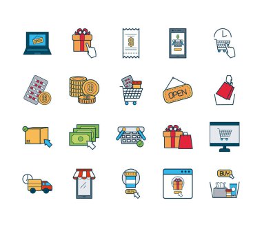 Hediye kutusu ve alışveriş çevrimiçi simge seti, dolgu ve satır biçimi