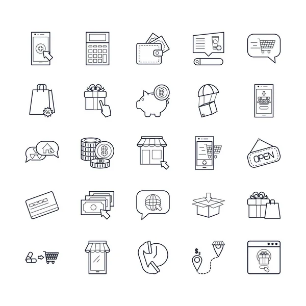 Piggy bank en winkelen online icon set, lijn stijl — Stockvector