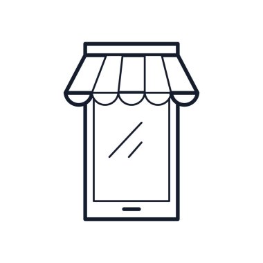 Çevrimiçi alışveriş kavramı, çizgili çadır simgesi olan akıllı telefon, satır biçimi