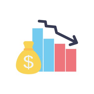 Aşağı inen finansal ok ve para çantası simgesi ile grafik çubuk şeması, düz stil