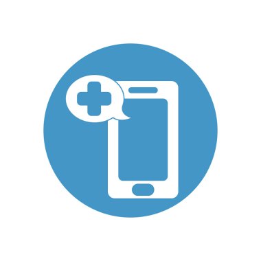 Tıbbi haç simgesi içeren konuşma baloncuklu akıllı telefon, blok biçimi