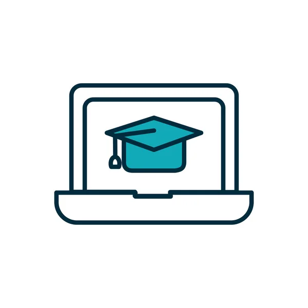 Concepto de educación en línea, ordenador portátil con el icono de la tapa de graduación en la pantalla, media línea de medio color estilo — Archivo Imágenes Vectoriales