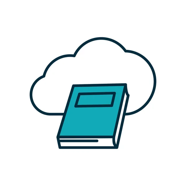 Online utbildning koncept, moln storafe och akademisk bok ikon, halv linje halv färg stil — Stock vektor