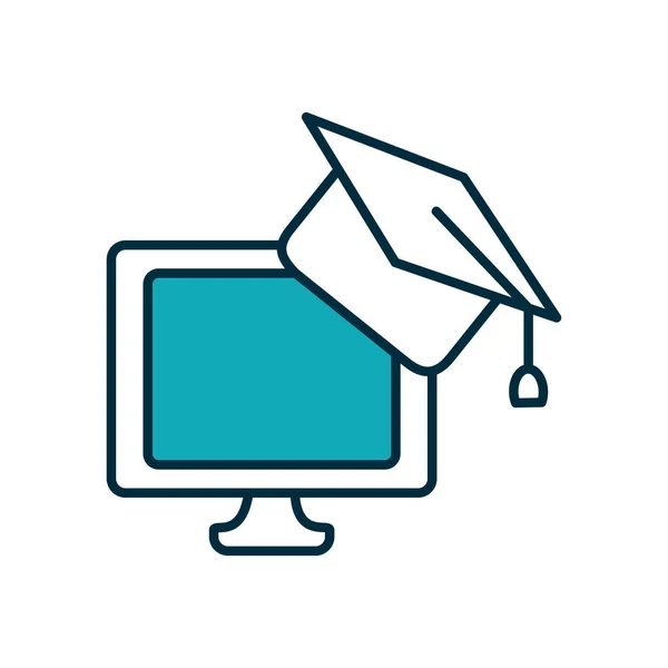 オンライン教育の概念、卒業キャップアイコン、ハーフラインカラースタイルのコンピュータ — ストックベクタ