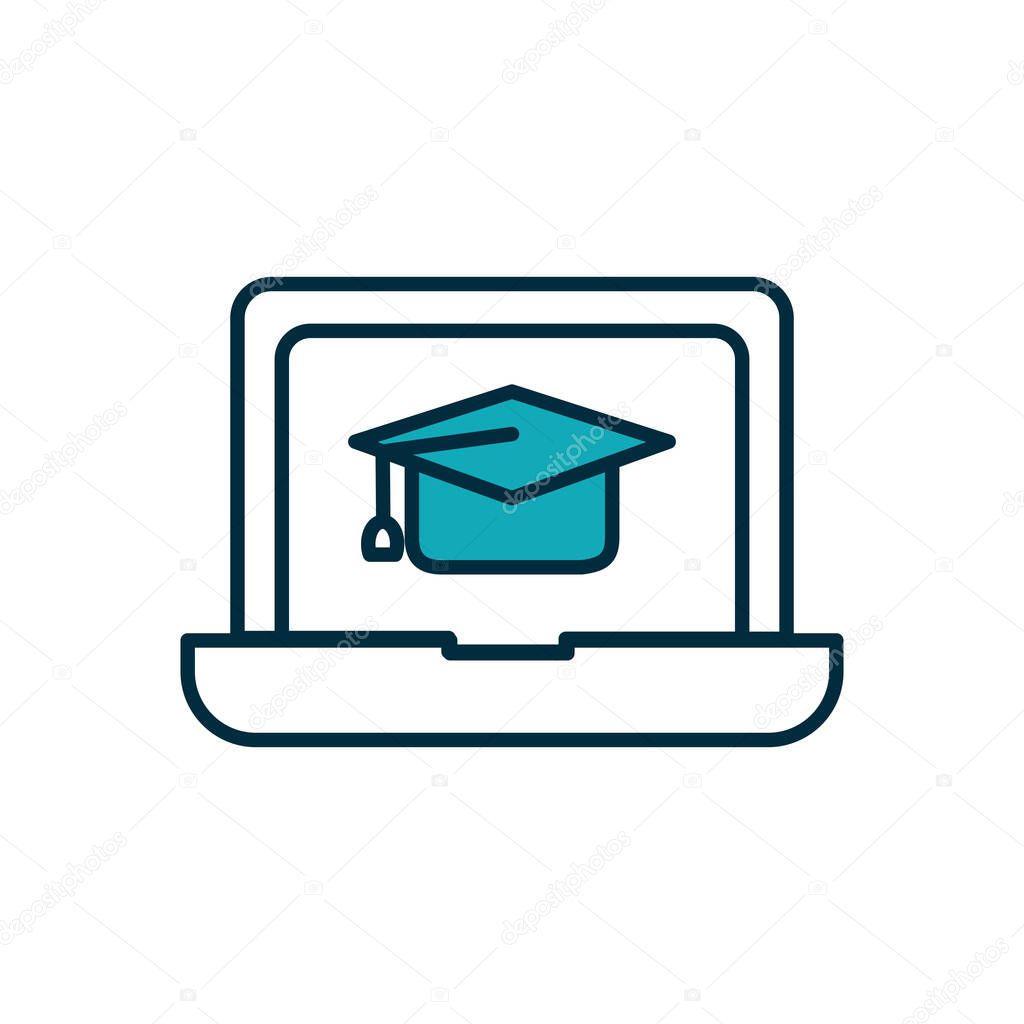 online education concept, laptop computer with graduation cap icon on screen, half line half color style