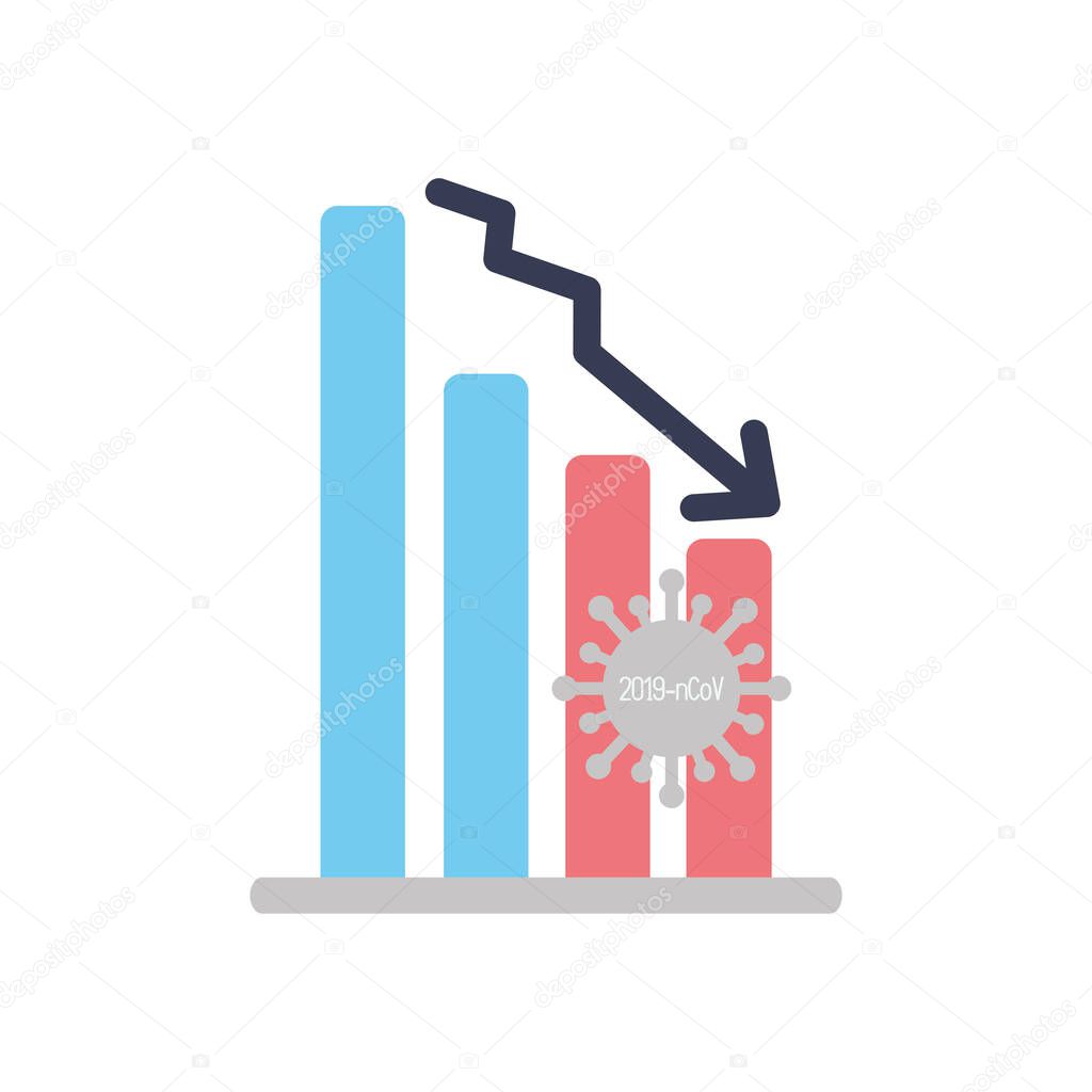 graphic bar chart with descending financial arrow and covid19 symbol icon, flat style