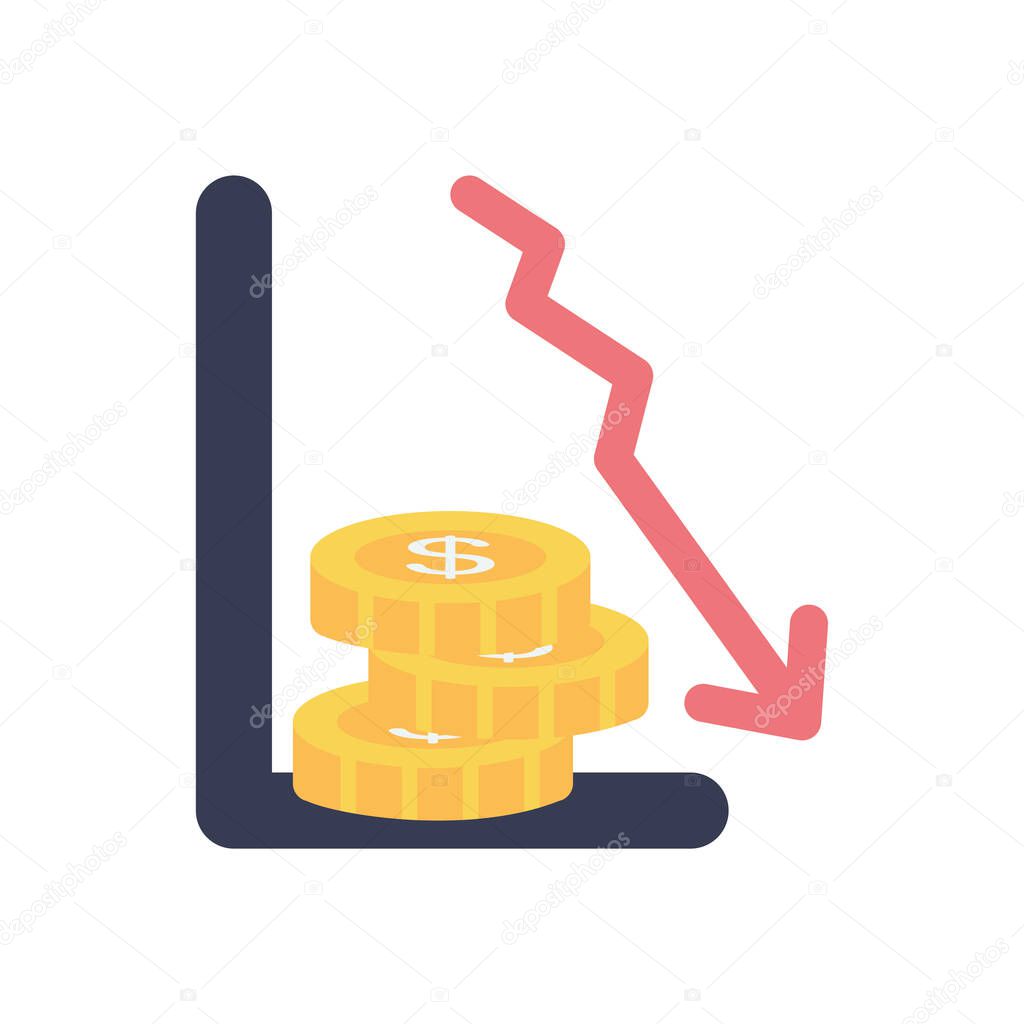 graphic chart with financial arrow down and money coins icon, flat style