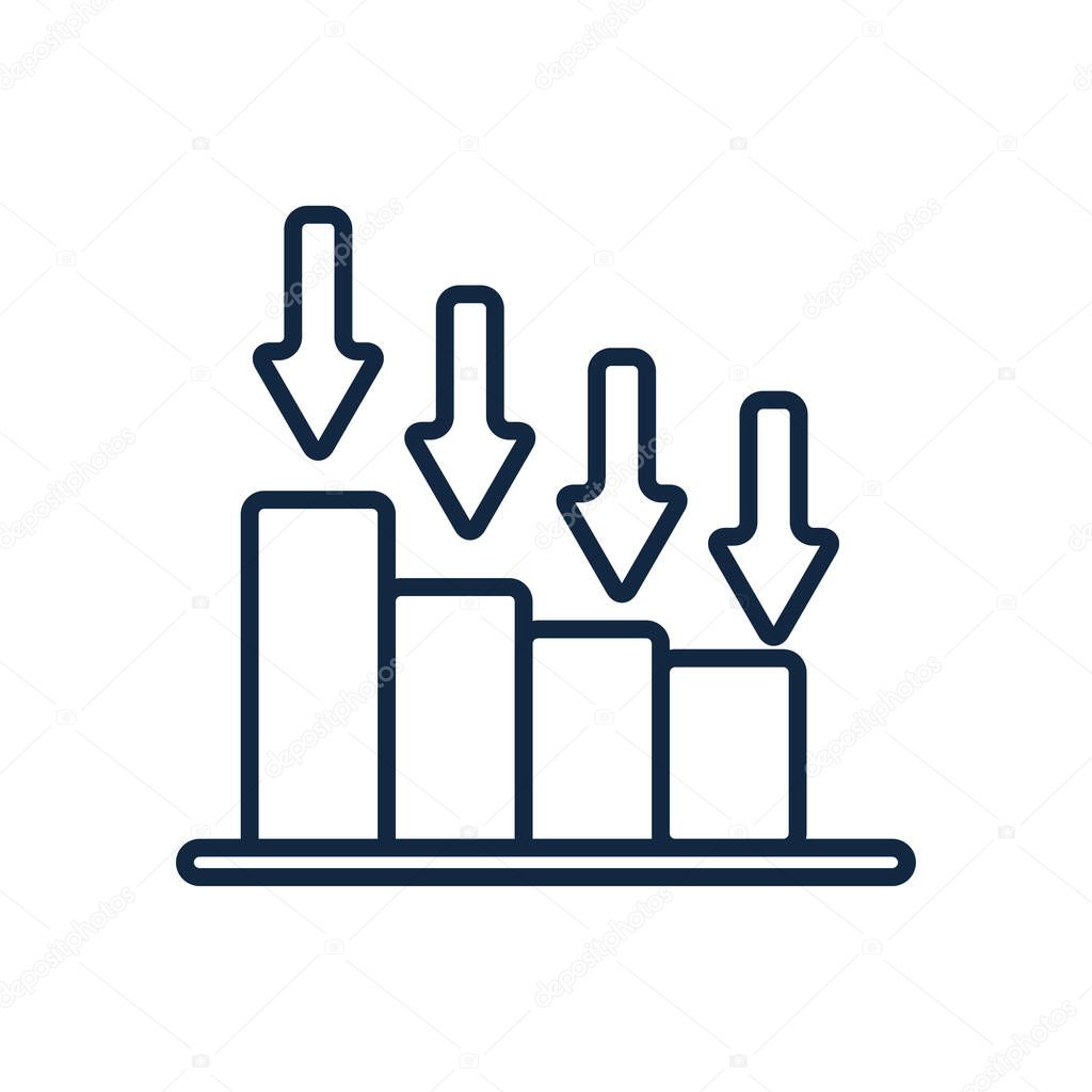 stock market crash concept, graphic bar chart with arrows down icon, line style