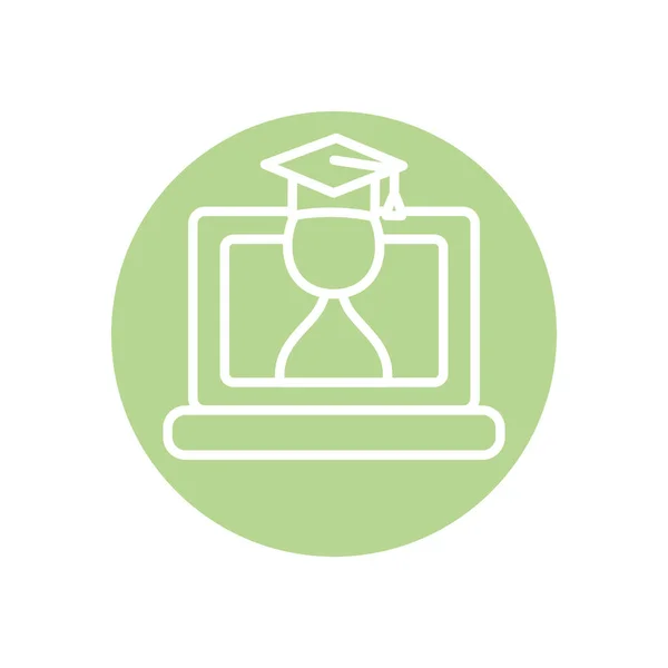 Edukacja online koncepcja, laptop komputer z uczniem absolwenta awatara na ikonie ekranu, styl bloku linii — Wektor stockowy