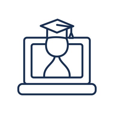 Eğitim çevrimiçi konsepti, Avatar mezuniyet öğrencili dizüstü bilgisayar ekran simgesi, satır biçimi