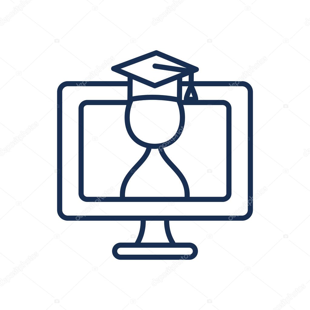 education online concept, computer with graduated man on screen icon, line style
