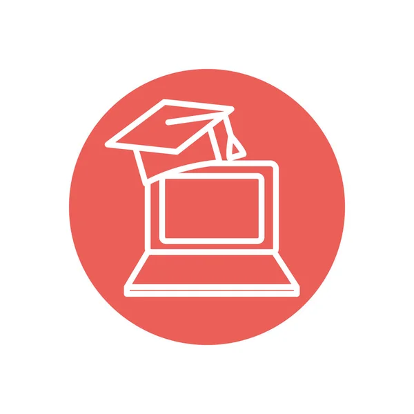 Edukacja online koncepcja, Laptop komputer z ikoną czapki dyplomowej, styl bloku linii — Wektor stockowy