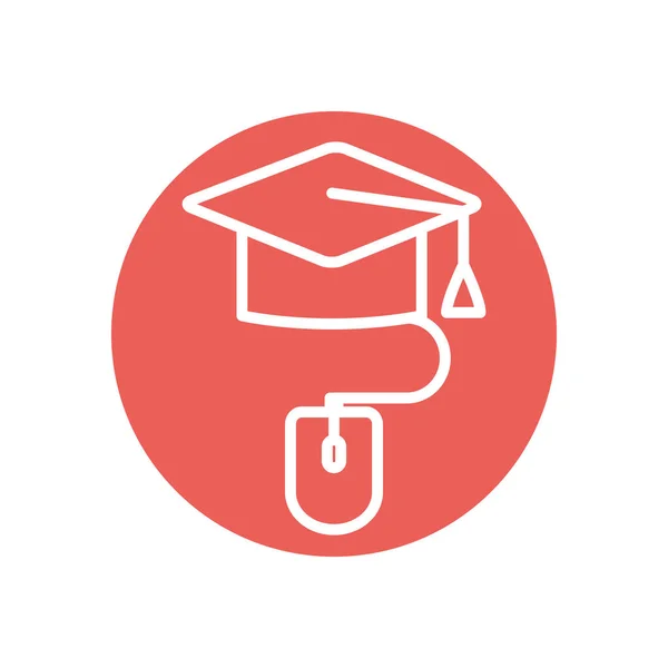Concept d'éducation en ligne, chapeau de graduation et icône de dispositif de souris, style de bloc de ligne — Image vectorielle