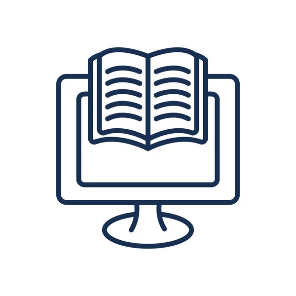 Concepto en línea de la educación, ordenador con el icono del libro, estilo de línea — Vector de stock