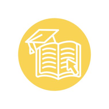 Eğitim çevrimiçi konsepti, mezuniyet başlığı ve imleç simgesi içeren kitap, satır blok biçimi