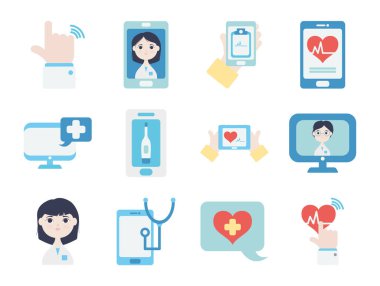 bilgisayarlar ve doktor çevrimiçi simge seti, düz biçimli