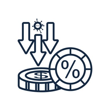 Covid19 virüs sembollü ok düşüşleri ve para sikkeleri simgesi, satır biçimi