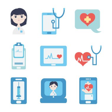 kardiyo kalpleri ve doktor çevrimiçi ikon seti, düz stil