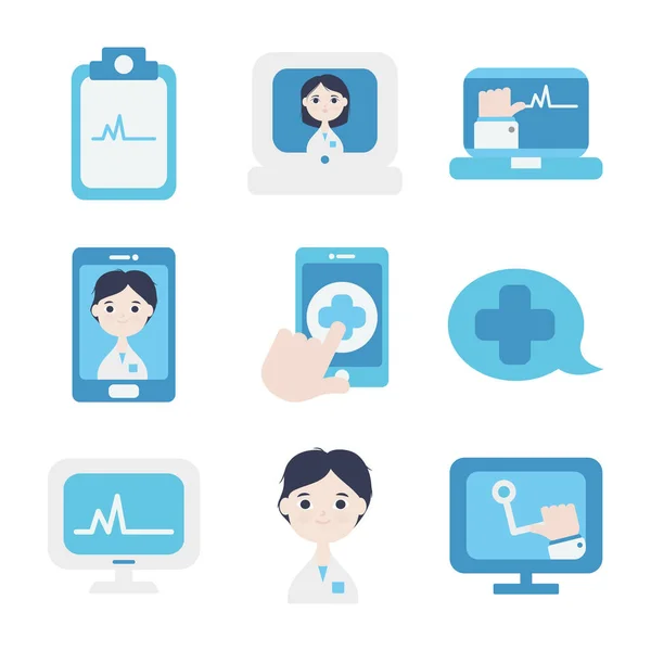 Cartoon doctors and health online icon set, flat style — Stock Vector