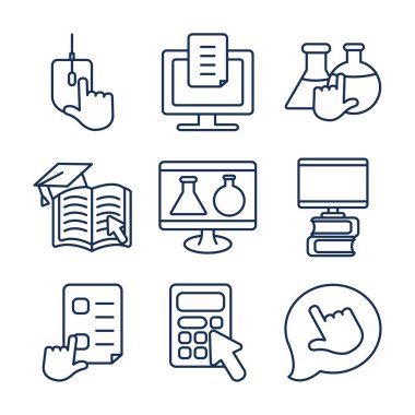 teknoloji aygıtları ve eğitim çevrimiçi simge seti, satır biçimi