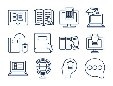 akademik kitaplar ve eğitim çevrimiçi simge seti, satır biçimi