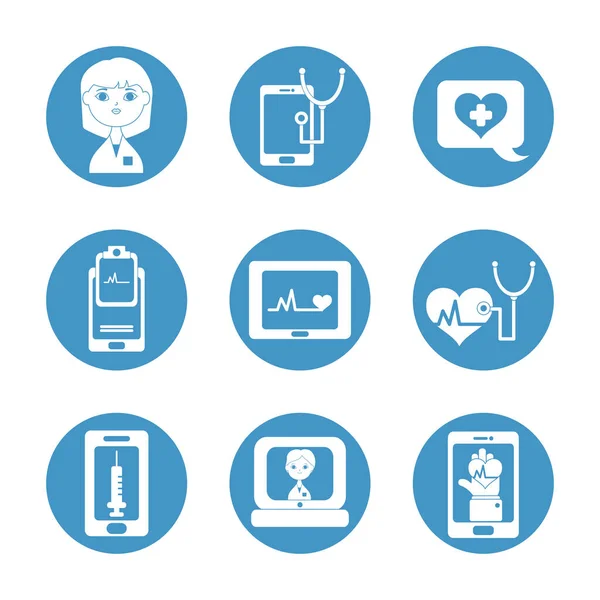 Coeur cardio et médecin jeu d'icônes en ligne, style bloc — Image vectorielle
