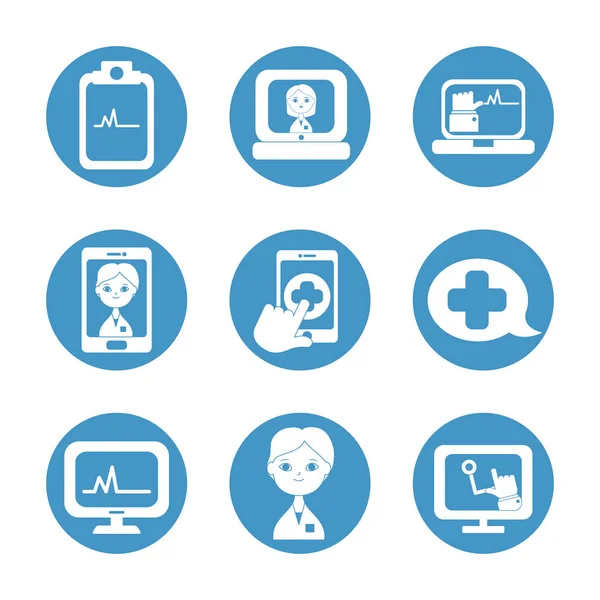 Cartoon doctors and health online icon set, block style — Stock Vector