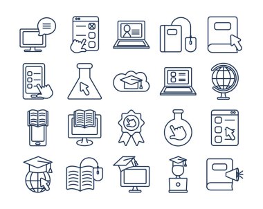 bilgisayarlar ve eğitim çevrimiçi simge seti, satır biçimi