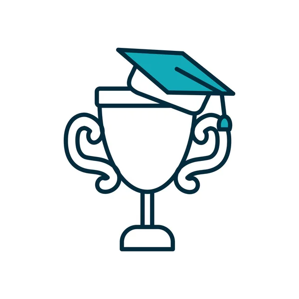 Concept d'éducation en ligne, coupe trophée avec icône de chapeau de graduation, demi-ligne style demi-couleur — Image vectorielle